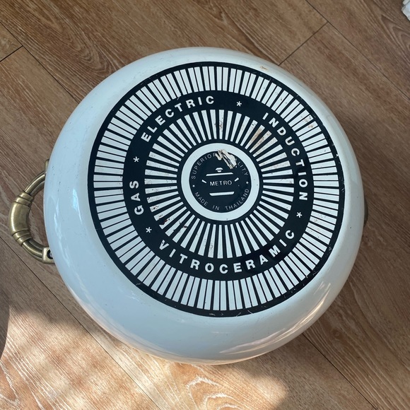 Vintage Metro Porcelain Enameled stockpot with fruit design & brass handles - Picture 4 of 7